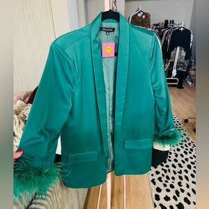 Dressed in LALA Emerald Blazer with Feather Cuffs - NWT